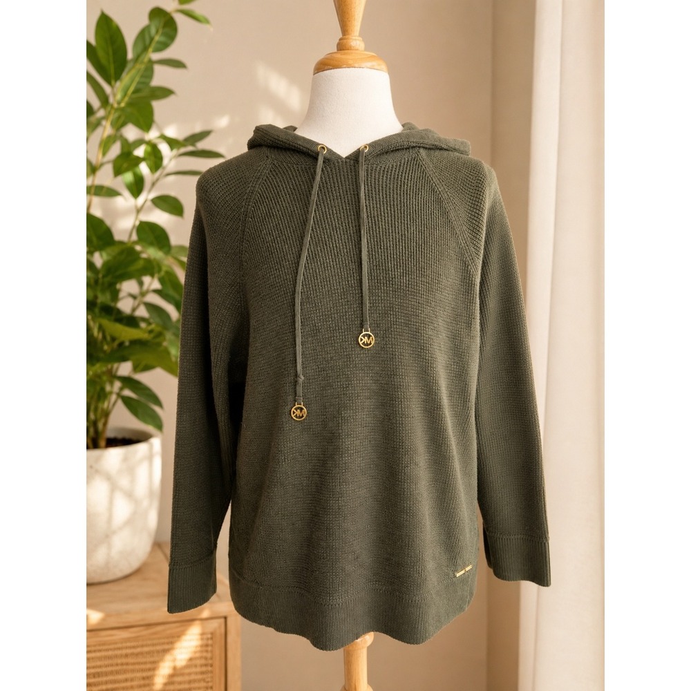 Michael Kors 2X Olive Waffle Knit Hooded‎ Sweater Lightweight Pullover Plus